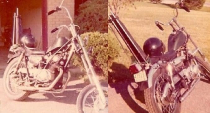 Vintage motorcycles with helmets in the sunlight.