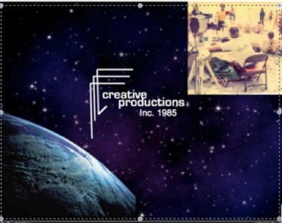 Creative Productions logo with space background, 1985.
