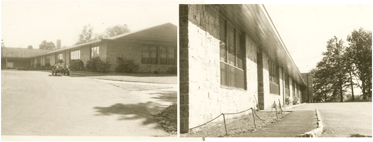 Vintage photos of a long stone building.