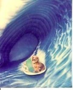 A tiny dog surfing on a giant blue wave inside a shell.