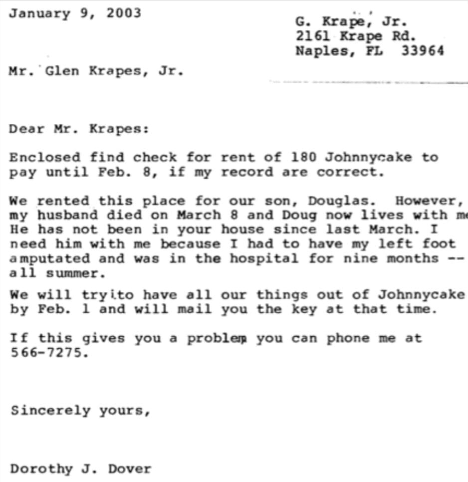 Letter from Mr. Glenn Rapp to E. Krapa Jr. about renting a house and personal matters.