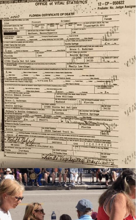 Death certificate and crowd scene below.