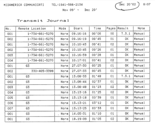 A radio communication log showing transmission details and signal quality.