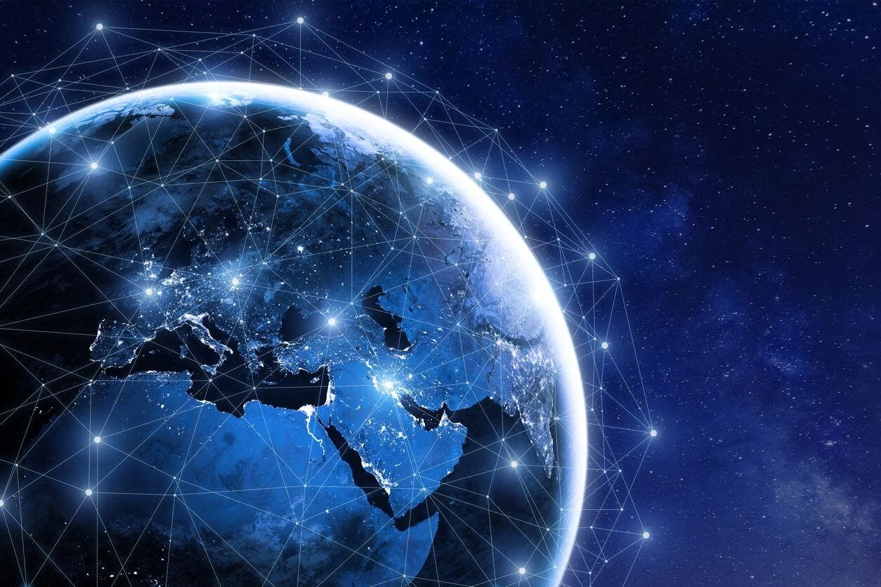 Earth with digital network connections, space background.