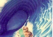 A cat sitting inside a large, blue seashell.