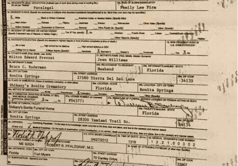 Death certificate and crowd scene below.