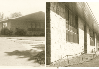 Vintage photos of a long stone building.